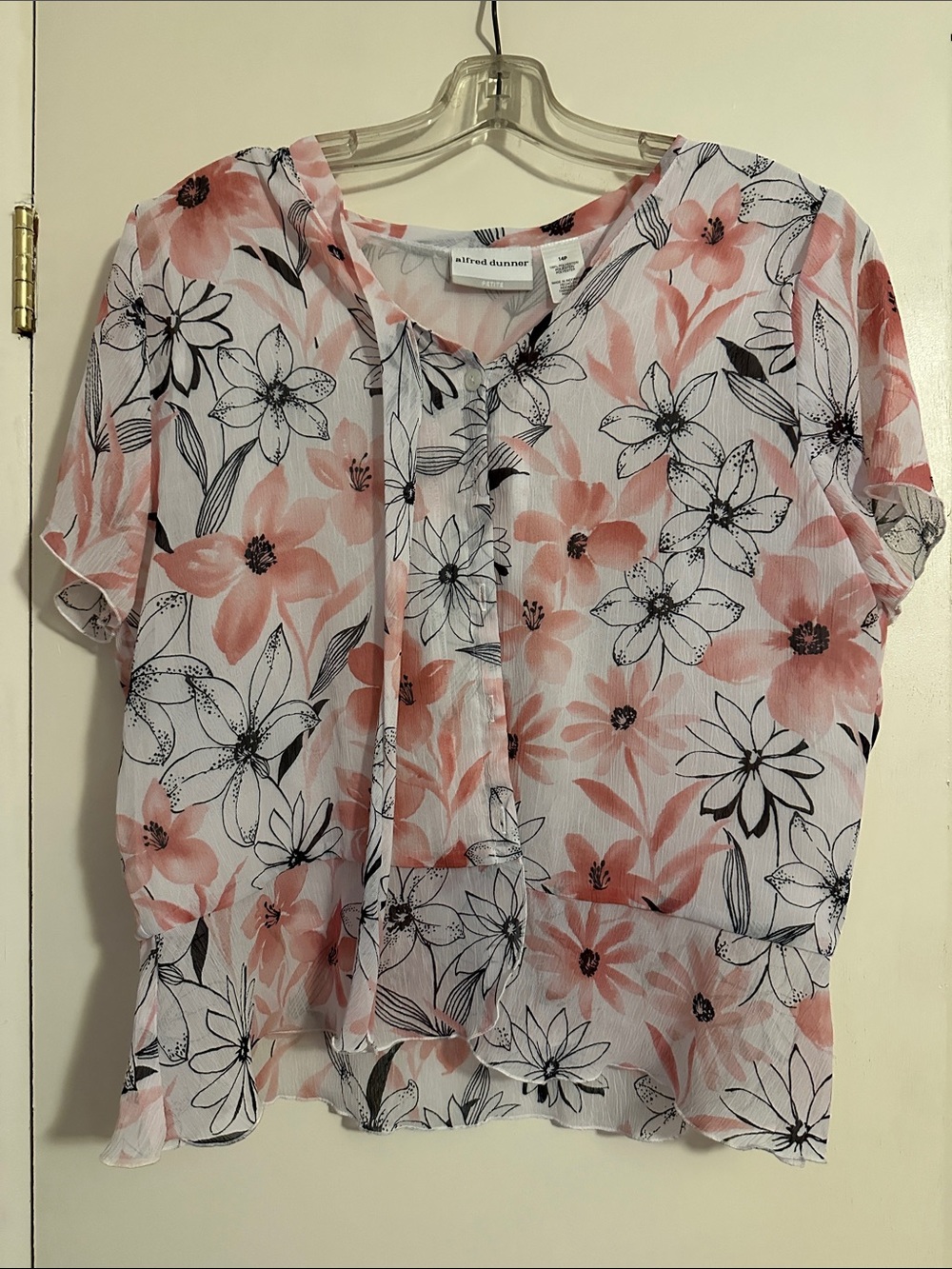 Alfred Dunner Pink and Black Floral Tie-Front Blouse